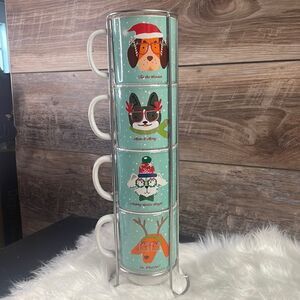 Holiday Hot Beverage Four Cup Set and Holder, NWOT